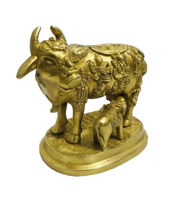 Brass Kamdhenu Cow with Calf Statue Idol for Good Luck, Prosperity Gift, Home Décor Sculpture Statue-6 inch