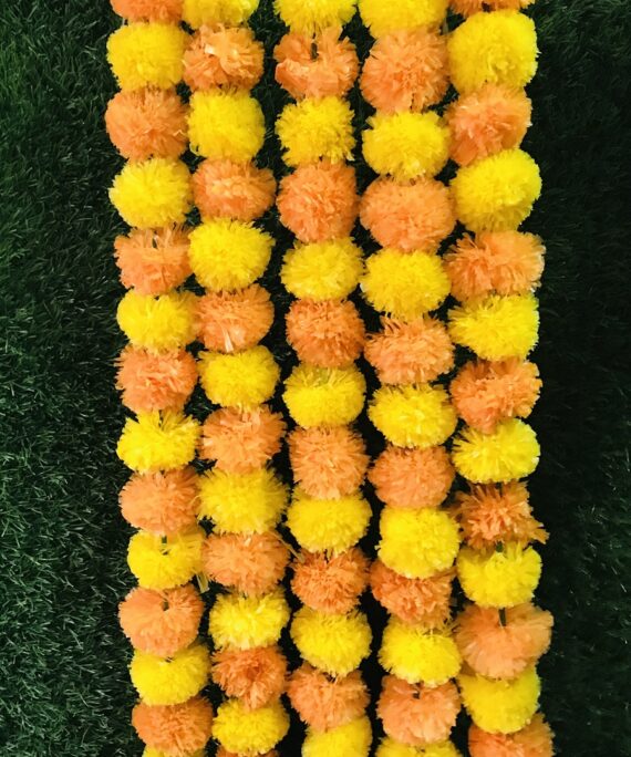 Artificial Marigold Flower Marigold Home Decoration 5 String Decorations Garlands Genda phool mala 5 Feet Long, for Wedding Decoration Orange and Yellow