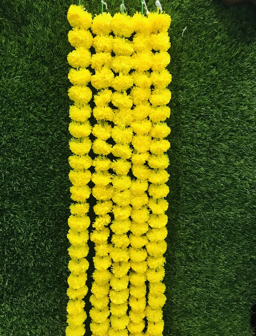Artificial Marigold Flower Garland For Home Decor Wedding Decor 5 String Garland For Diwali Decoration Yellow