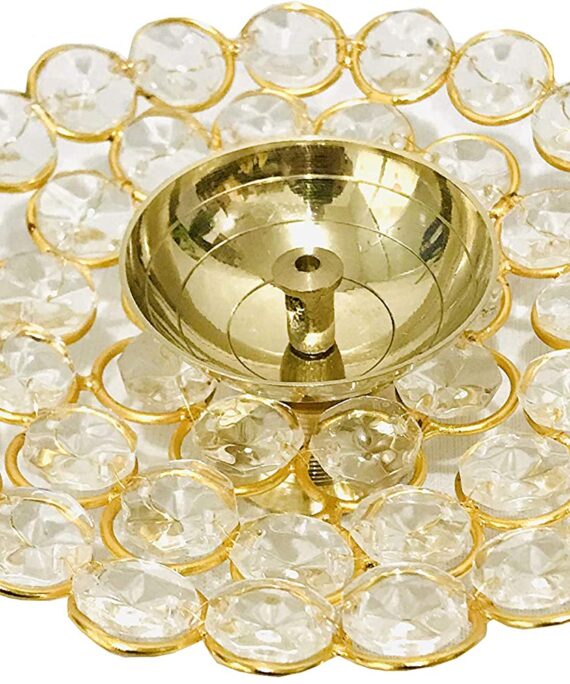 Golden Akhand Diya Lotus Crystal Brass Jyot Diya Aarti Deepam Navaratri Diya Pooja Size- 5 inch