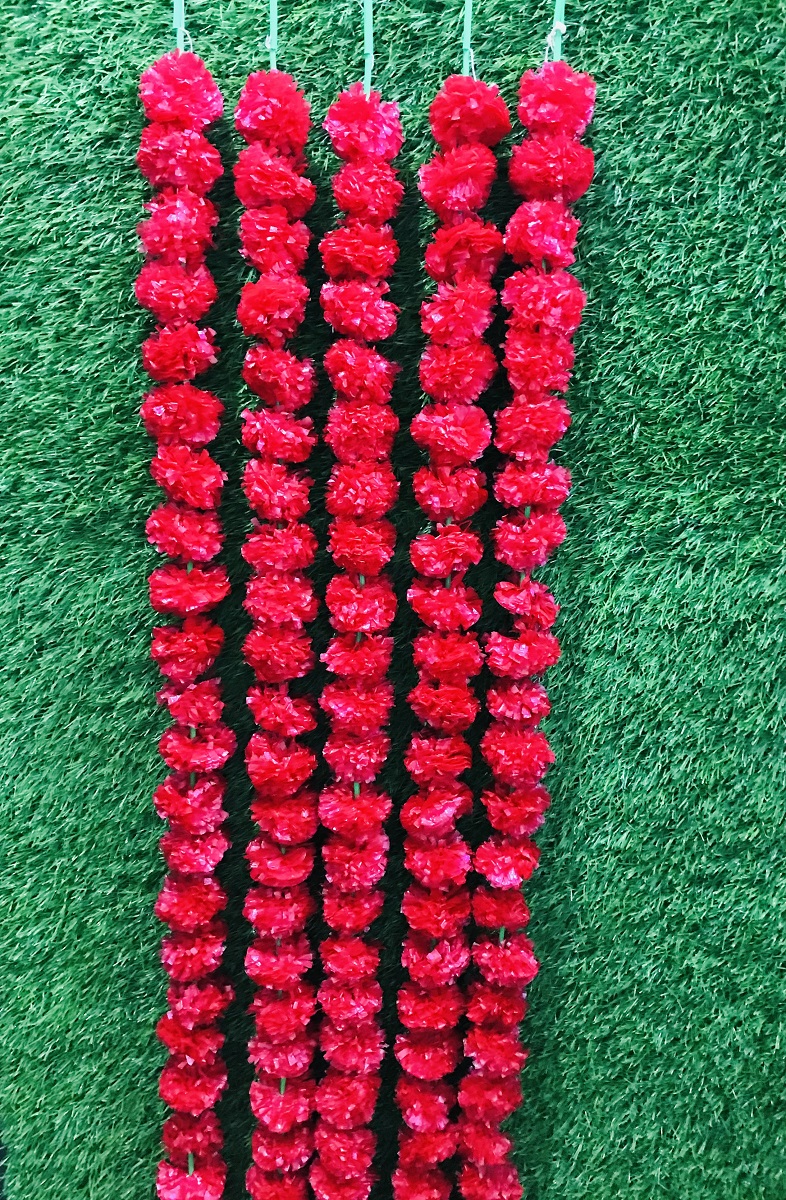 Artificial Marigold Flower Garland For Home Decor Wedding Decor 5 String Garland For Diwali Decoration Orange Red