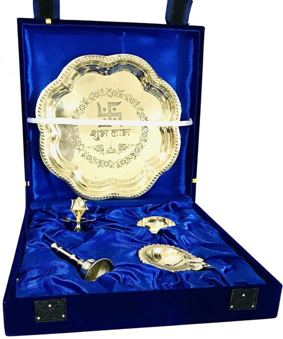 Brass Pooja thali Set swastik shubh labh Ladoo Gopal bhog Plate Navratri Puja thali Navaratri puja Plate 5 pcs Housewarming Blue Velvet Box Heart Wedding Gift- 8.5 inch