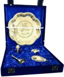 Brass Pooja thali Set Embossed swastik shubh labh Ladoo Gopal bhog Plate raksha bandhan Navaratri puja Plate 5 pcs Housewarming Blue Velvet Box- 8.5 inch