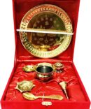 Gold Pooja thali Set Ladoo gopal bhog plate navratri pooja thali Navaratri puja plate Thali for Diwali housewarming With Red Velvet Box thali - 8.5 inch