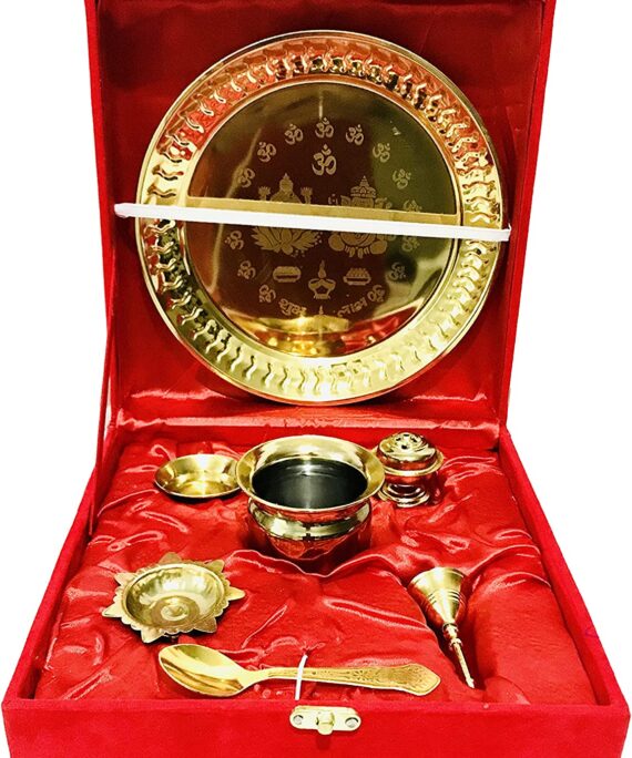 Gold Pooja thali Set Ladoo gopal bhog plate navratri pooja thali Navaratri puja plate Thali for Diwali housewarming With Red Velvet Box thali - 8.5 inch