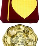 Brass Pooja thali Set Laxmi Ganesh shubh labh Ladoo gopal bhog plate raksha bandhan navratri puja plate 5 pcs housewarming Puja Thali red Velvet Box Heart- 8.5 inch