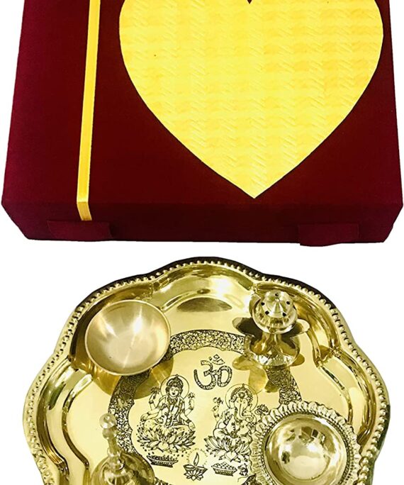 Brass Pooja thali Set Laxmi Ganesh shubh labh Ladoo gopal bhog plate raksha bandhan navratri puja plate 5 pcs housewarming Puja Thali red Velvet Box Heart- 8.5 inch
