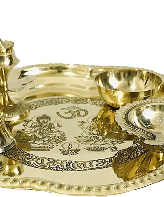 Brass Pooja thali Set Om Laxmi Ganesh shubh labh Ladoo Gopal bhog Plate raksha bandhan Navaratri puja Plate 5 pcs Housewarming Puja Thali red Velvet Box - 8.5 inch