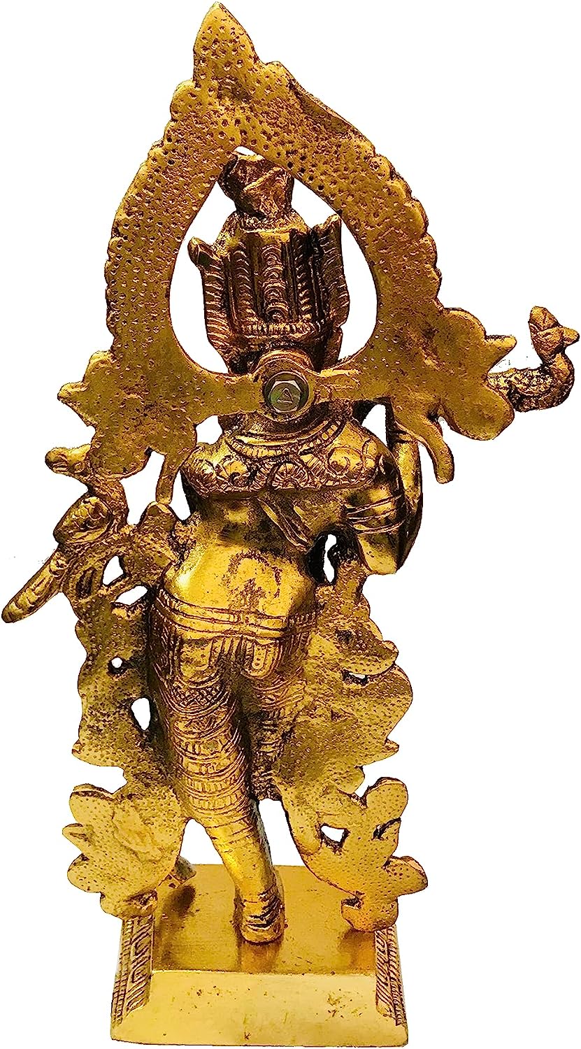 Krishna Statue Peacock Statue Metal janmashtami Hindu Idol Ladoo Gopal Goddess Figurine Murti Religious Gifts for Home Decor Size - 11 Inch