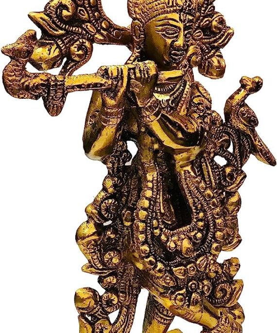 Krishna Statue Peacock Statue Metal janmashtami Hindu Idol Ladoo Gopal Goddess Figurine Murti Religious Gifts for Home Decor Size - 11 Inch