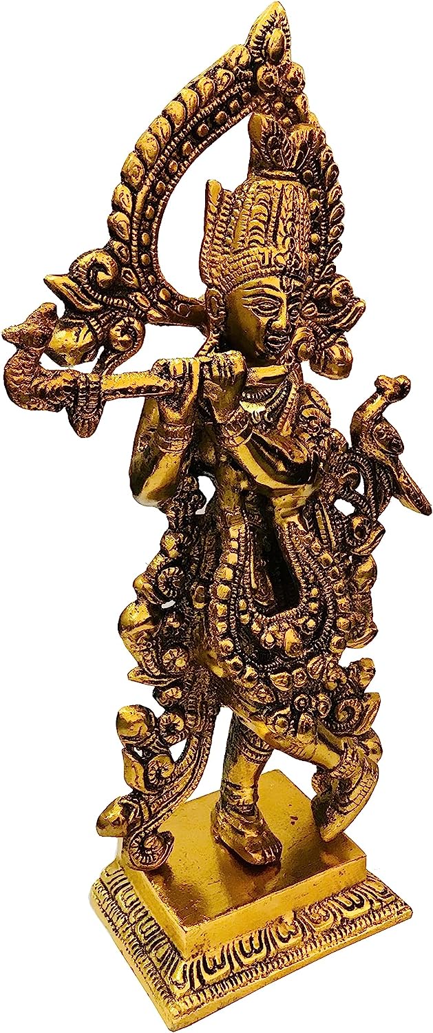 Krishna Statue Peacock Statue Metal janmashtami Hindu Idol Ladoo Gopal Goddess Figurine Murti Religious Gifts for Home Decor Size - 11 Inch
