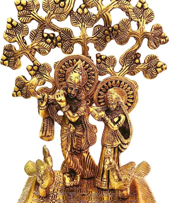 Radha Krishna Statue Tree Peacock Statue Metal janmashtami Hindu Idol Ladoo Gopal Murti Religious Gifts for Home Decor Size - 6.5 Inch